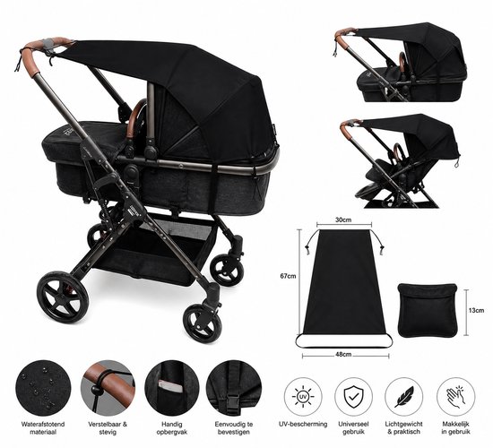Zonnekap voor Kinderwagen – Universeel Zonnescherm Babywagen – UV Bescherming – Paraplu voor Kinderwagen – 30x67 cm – Zwart