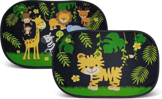 Zonneklep Auto Jungle Dieren Motief - UV-bescherming voor Kinderen - 2 Stuks met Zuignappen - 48x31cm van Merkloos