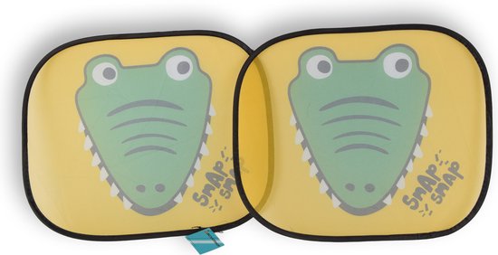 Zonnescherm Auto Kinderen - Universeel - Set van 2 - Geel/Groen Crocodile Face - 44cm x 38cm - Polyester – Inclusief 4 Zuignappen van DING.
