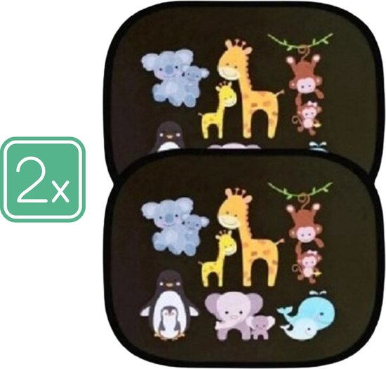 Zonnescherm Auto Ramen Achterin - Kinderen Zonneschermpjes Voor In de Auto - Anti Zon - Zwart Met Dieren - Olifant, Giraffe, Aap - 44x36cm - 2 Stuks