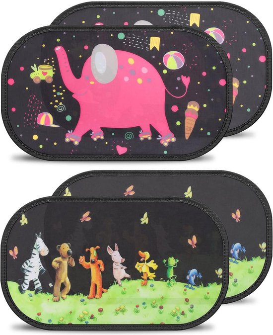 Zonneschermen auto 4 stuks - Zelfklevend - Kinderen en dieren - UV-bescherming - Olifant motief - 51 x 31 cm. - Zonnescherm van Dooky