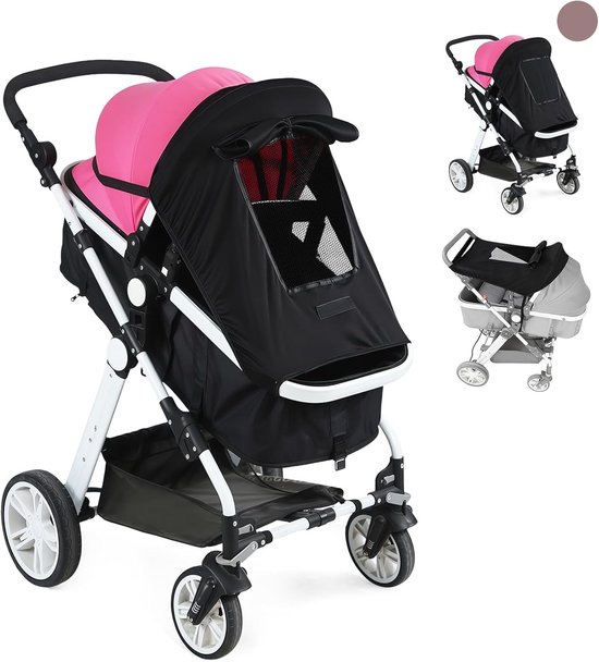 Zonwering voor kinderwagen met UPF 50+, ademend zonnezeil en extra brede schaduwvleugels, universeel en elastisch voor optimale UV-bescherming en comfort