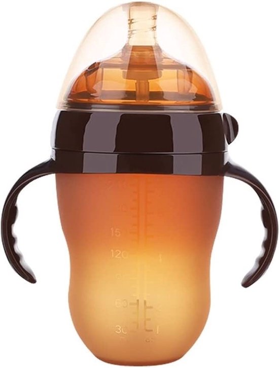 Zuigfles Siliconen Babyfles met Handvaten - Voedingsfles Melkfles voor Baby Drinkbeker - 240ml Bruin van Little Dutch
