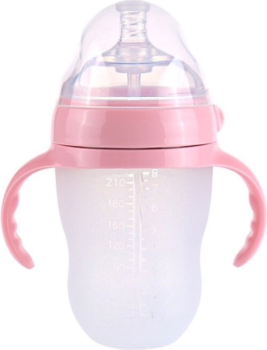 Zuigfles Siliconen Babyfles met Handvaten | Voedingsfles Melkfles voor Baby Drinkbeker | 240ml Roze van Angelbliss
