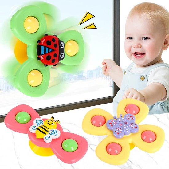 Zuignap Spinner Speelgoed 3 Stuks Babybadspeelgoed Spinner Speelgoed met Zuignap Bee Vlinder Lieveheersbeestje Patroon Verjaardagscadeautjes voor Jongens en Meisjes Douche Speelgoed Baby (A) van Uuffer