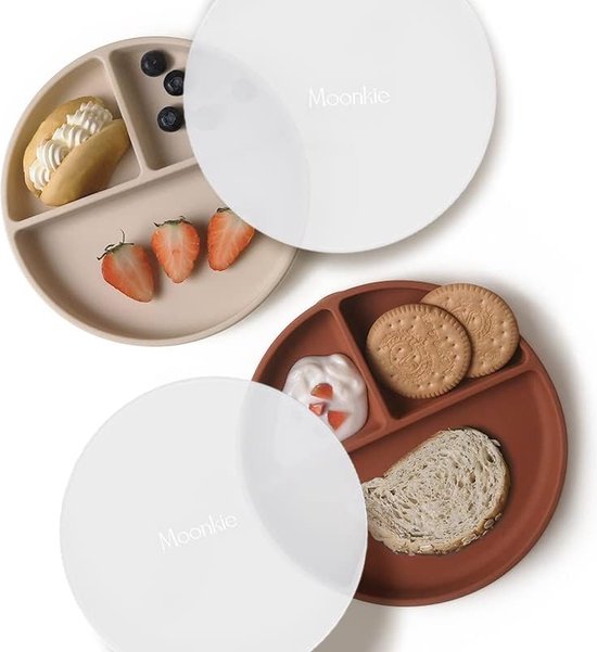 Zuignapborden voor baby's en peuters, BPA-vrije gedeelde borden van siliconen met deksel, magnetron- en vaatwasmachinebestendig, verpakking van 2 stuks (Shifting Sand/Croissant) van Tiny Twinkle