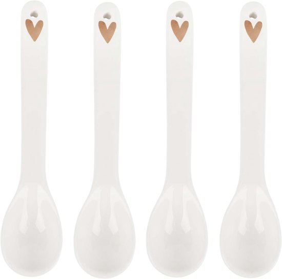 Zusss Set Van 4 Lepeltjes Hartje Wit/Goud Aardewerk Wit/Goud
