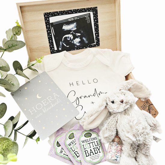 Zwangerschapsaankondiging Opa & Oma – Cadeaubox met Echo Kaart, Rompertje “Hello Grandma & Grandpa”, Knuffel, Muisjes & Bewaarkistje – Zwanger Verrassing Cadeau - MammaZenn van MammaZenn