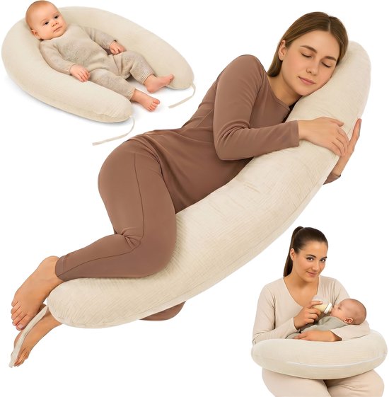 Zwangerschapskussen 190 cm Mousseline Kussen - body pillow voor zwangeren steun rug buik hoes van katoen wasbaar afneembaar ergonomisch - OEKO-TEX gecertificeerd Lichtbeige