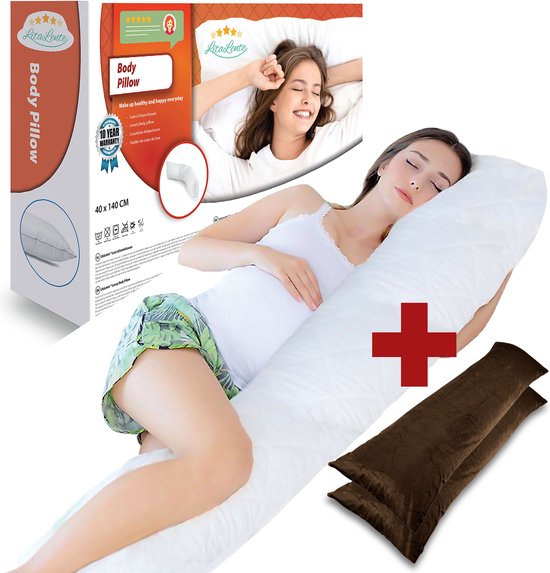 Zwangerschapskussen + 2x Bruin Velvet sloop - Ergonomisch Lichaamskussen Zwangerschapskussen - body pillow - Voedingskussen - Kniekussen - Body Pillow met afneembare hoes - Dubbel Gestikte Randen van Litollo