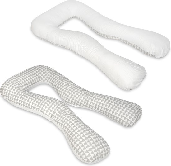 Zwangerschapskussen - 300 cm - 100% katoen - wit en wit met grijze driehoekjes van KiCompany