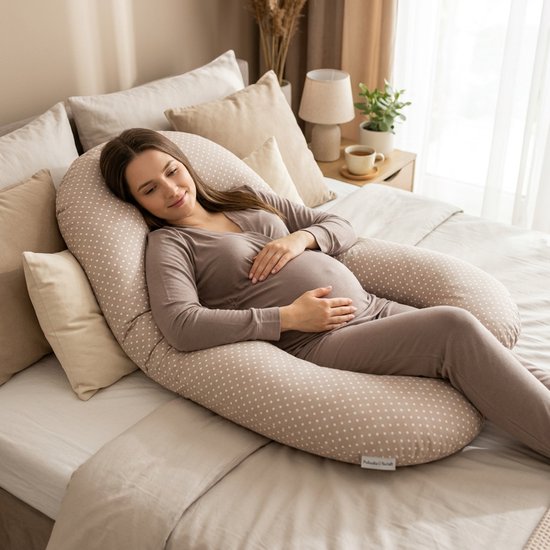 Zwangerschapskussen C-vorm – Voedingskussen en Slaapkussen – Zachte Hoofdkussen – Beige met Witte Stippen