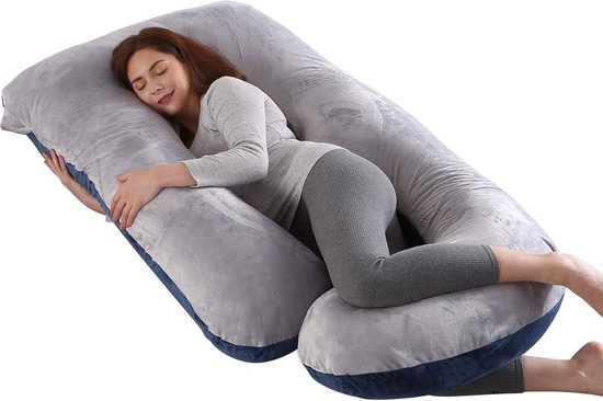 Zwangerschapskussen - Kussen J-vormig full-body kussen om te slapen - afneembare wasbare overtrek - zwangerschap voeden - grijs - blauw fluweel van Little Orry