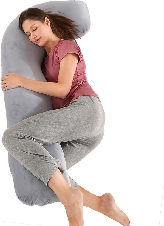 Zwangerschapskussen - Kussen om te slapen - J Shape Comfort - Fluwelen moederschaps- en lichaamskussen - Verpleging ondersteuning - Volledig lichaamskussen voor zwangerschap - Ondersteuning heupen been rug - Afneembaar en wasbaar van Momcozy.