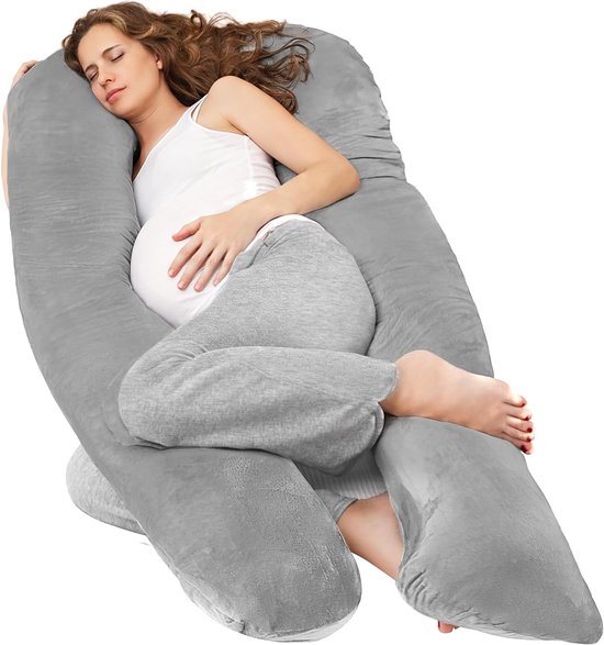 Zwangerschapskussen, U-vormig full-body kussen, zwangerschapskussen om te slapen, 134 cm, moederschapskussensteun voor rug, heupen, benen voor zwangere vrouwen, met wasbare fluwelen bekleding van Momcozy.