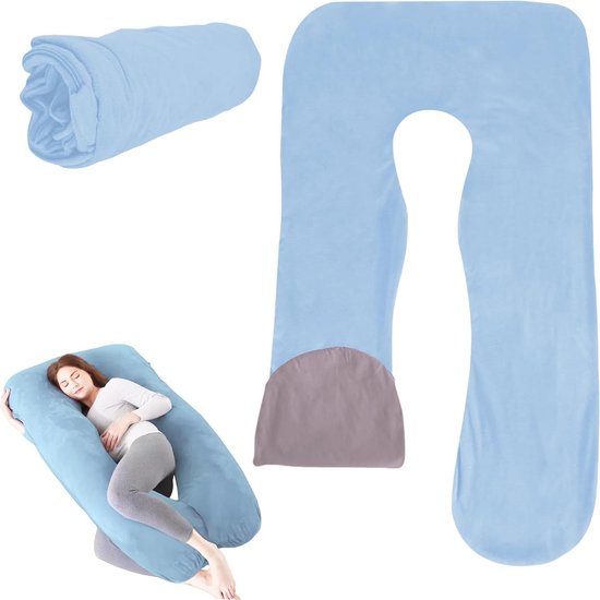 Zwangerschapskussen U-vormige kussensloop katoen afneembaar lichaamskussen vervangende hoes voor volwassenen voedingskussen machinewasbaar 140 x 80 cm blauw - grijs van Merkloos