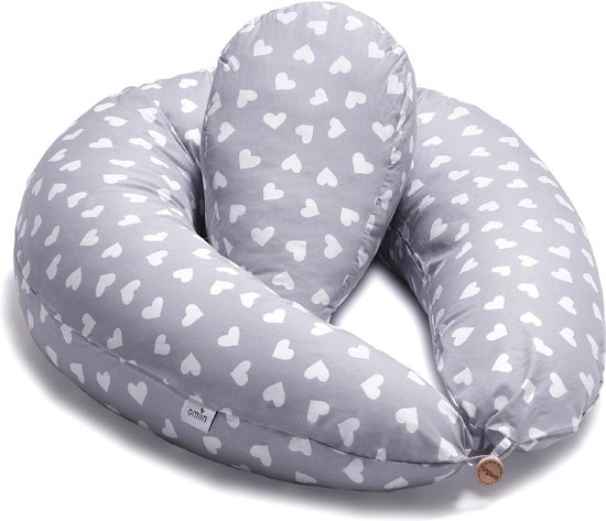Zwangerschapskussen Verpleegkussen - Full Body Support - Borstvoeding Mini Kussen - Grijs-Wit Sterren & Grijs - Witte Harten van Niimo