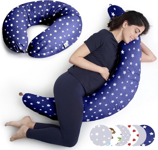 Zwangerschapskussen Verpleegkussen Zwangerschapskussen voor borstvoeding baby for Sleeping Large XXL 100% Katoenen Kussensloop Binnenste Vulling Polyester Vezel (Blauw-Wit Sterren) van Niimo