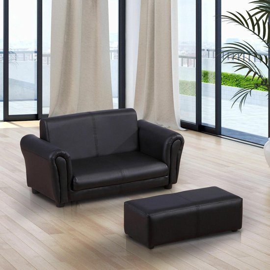 Zwart soft sofa kinderbank met voetbank - Kinder fauteuil - kinderstoel van Merkloos