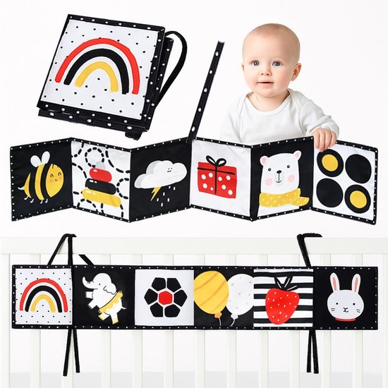 Zwart-wit stofboekje voor baby's, dubbelzijdig, opvouwbaar en herbruikbaar, geschikt voor 6-12 maanden en peuters, bevordert de hersenontwikkeling