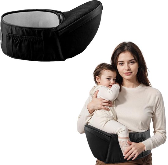 Zwarte baby heupzitje met opbergvakje, ergonomische heupzitje babydrager, heupzitje babydrager van Draagliefde