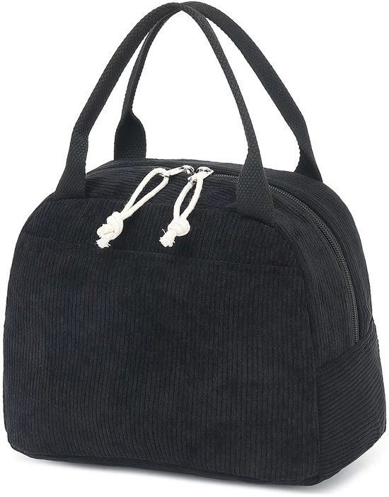 Zwarte Corduroy Geïsoleerde Lunchtas 25×20×15 cm – Warmhoudtas met Voorvak – Koeltas - Thermotas - Waterafstotend & Aluminium Binnenkant – Voor Baby, Kind & Volwassenen van Merkloos