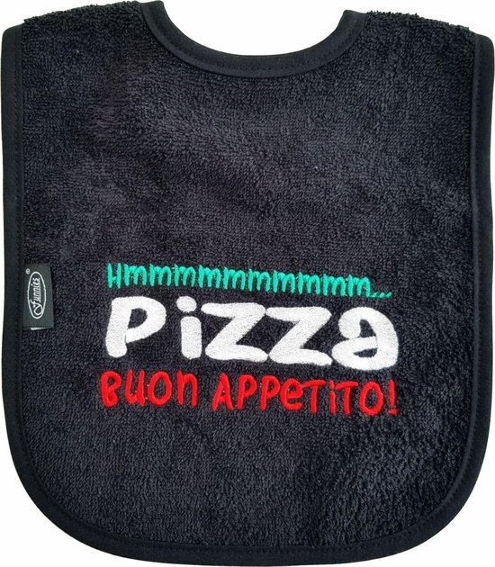 Zwarte slab met "Hmmmmmmmmmm... Pizza buon appetito!" - italiaans, eten, knoeien, slabbetje, slabber van Simply Colors