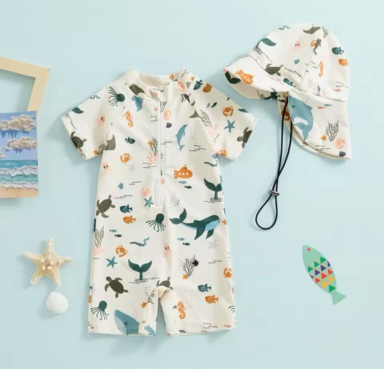Zwempak uv baby - zwemshort 1 delig - zwemset uv - maat 74 - maat 80/86 - met hoedje - zeedieren