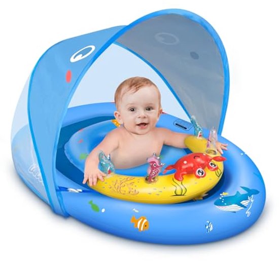 Zwemring voor baby's met UPF50+ zonnedak en verstelbaar veiligheidszitje - Kleine zwembadzwemring voor 3-36 maanden