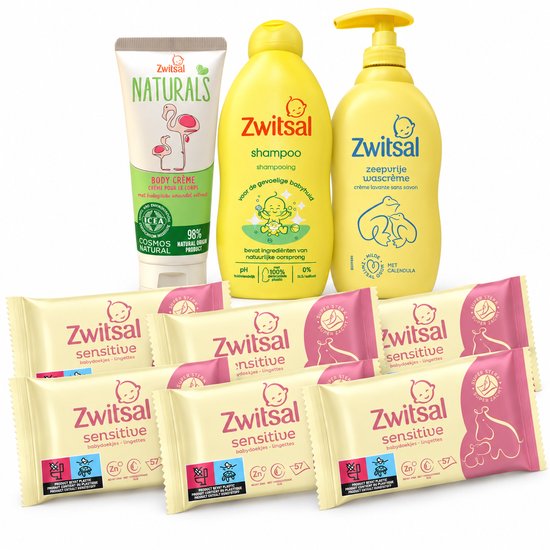 Zwitsal Baby Verzorgingsset – 9-delig – 6x Sensitive Babydoekjes + Shampoo + Zeepvrije Wascrème + Naturals Body Crème