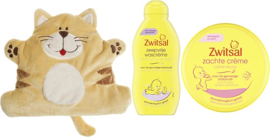 Zwitsal Cadeauset Baby & Cherry Belly Warmteknuffel Kat - Zwitsal Zachte Creme Pot - Zwitsal Wascreme - Cherry Belly Baby Warmteknuffel van Zwitsal